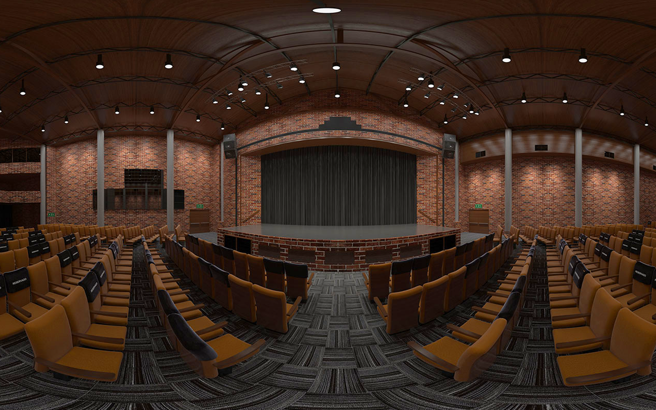 auditorio gimnasio moderno render espacio en 3d vista 360 ladrillos
